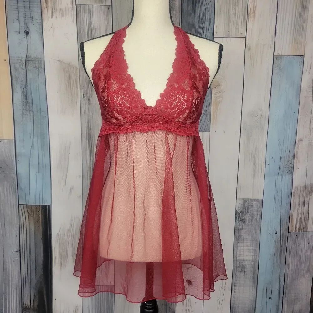Victoria's Secret Red Teddy Babydoll Sheer Halter Slip On Size Medium